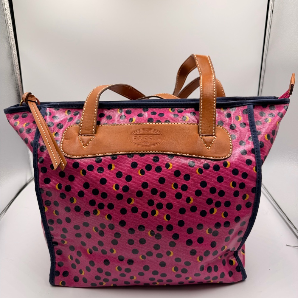 FOSSIL Key-Per Coated Canvas Pink With Black Dots Shoulder Shopper Bag SHB1029